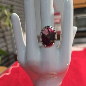 925 Sterling Silver Red Dahlia Turquoise Oval Ring~Sz 8